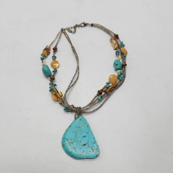 Turquoise Brown Multi-Strand Beaded Necklace With Stone Pendant By Laura Ashley - Picture 4 of 6